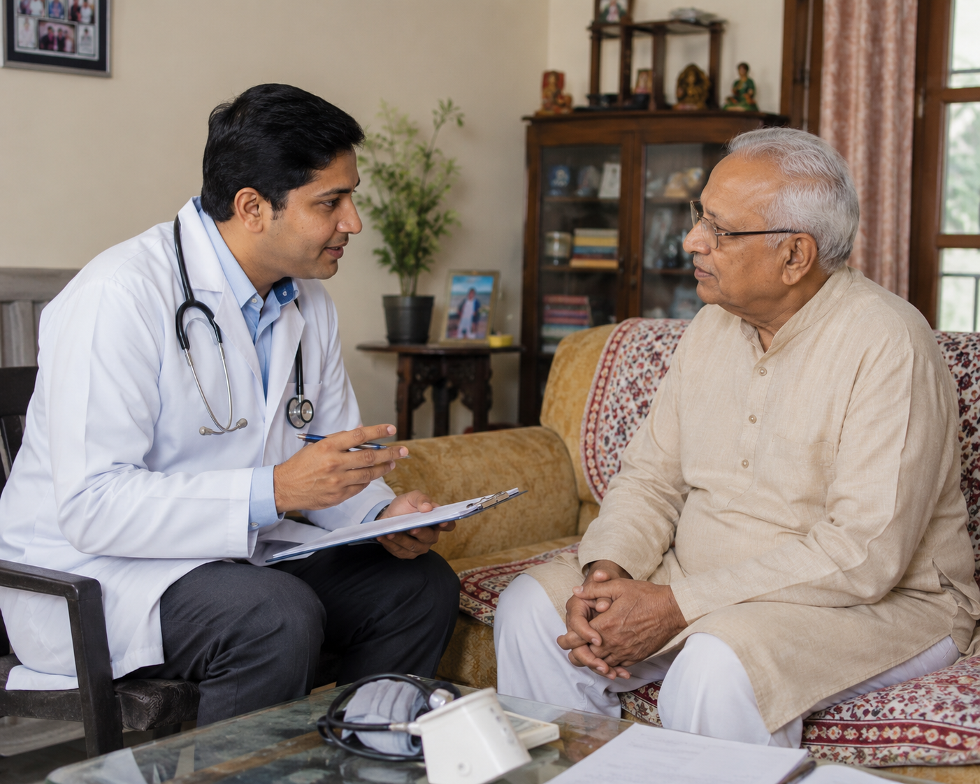 Diabetes specialist consulting elderly patient at home